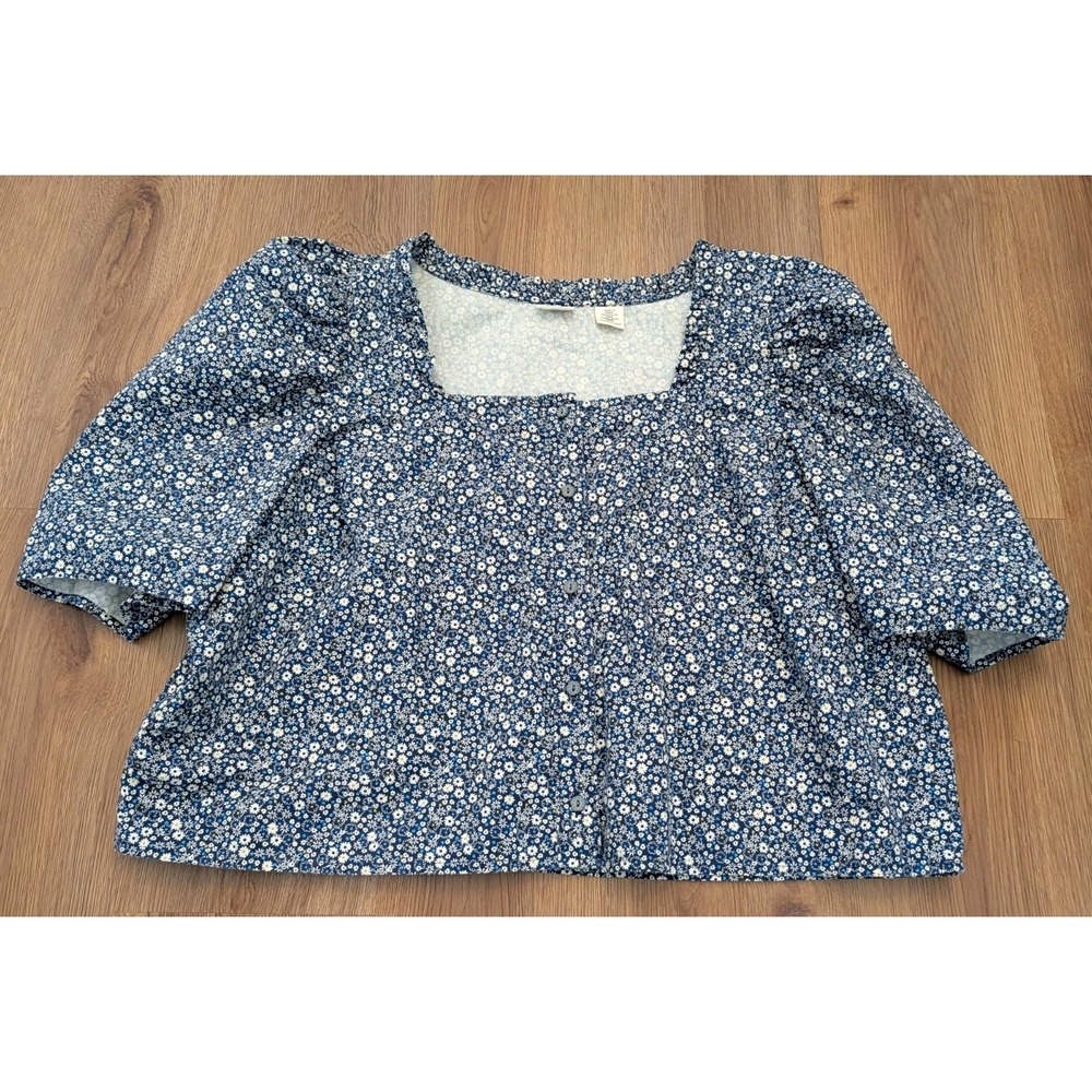 Levis Cropped Shirt Womens 2X Blue Floral Ditsy Puff Sleeve Cottagecore Feminine